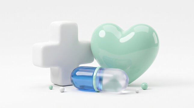 3d medical concept with heart shape symbol and blue capsule pill for