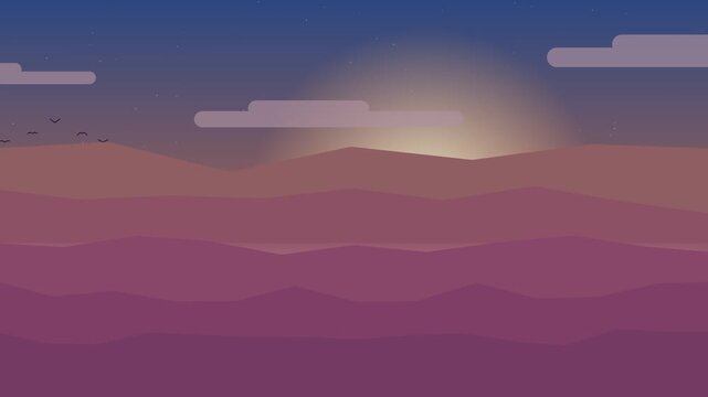 A beautiful vector animation showing the transition from a starry night to a bright sunrise over a stylized, layered mountain landscape with flying birds.