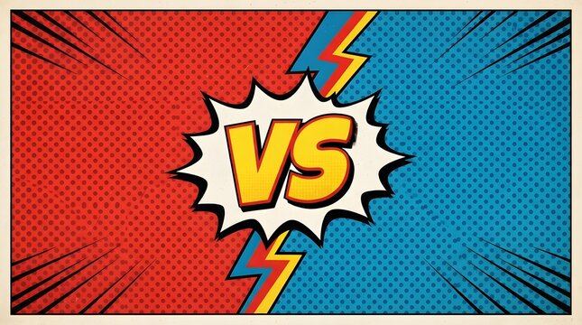 Comic book style versus background with red and blue sides separated by lightning bolts and a starburst text element