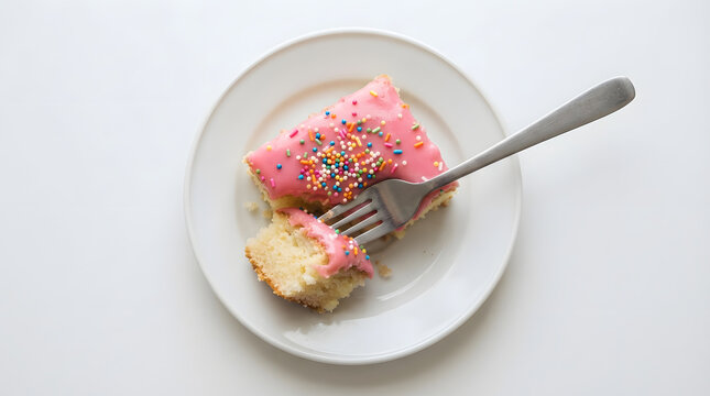 Mexican cortadillo or bread cake with pink glaze or frosting with colorful sprinkles, scooped by silver fork on white plate. Latin American cuisine, Mexican cake and bakery, Latin cooking recipe asset