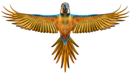 Blue and yellow macaw parrot flying with wings spread wide © Theodore