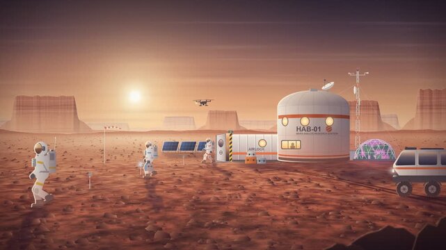 Astronauts in Spacesuits Walking Near Mars Habitat Station in Red Desert Landscape
