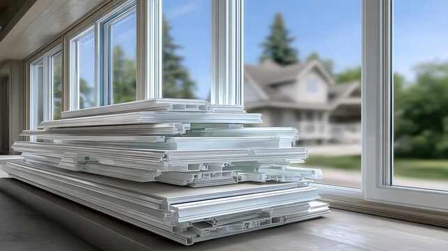 Stack of new white window frames on windowsill, modern home background, bright daylight, construction material, renovation concept