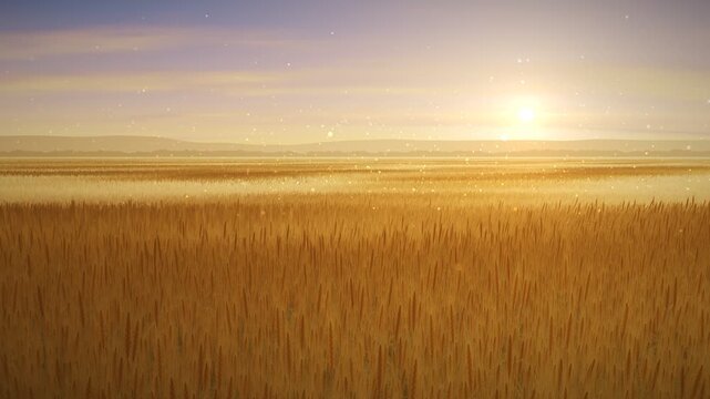 Golden wheat field swaying in gentle breeze under warm sunset sky