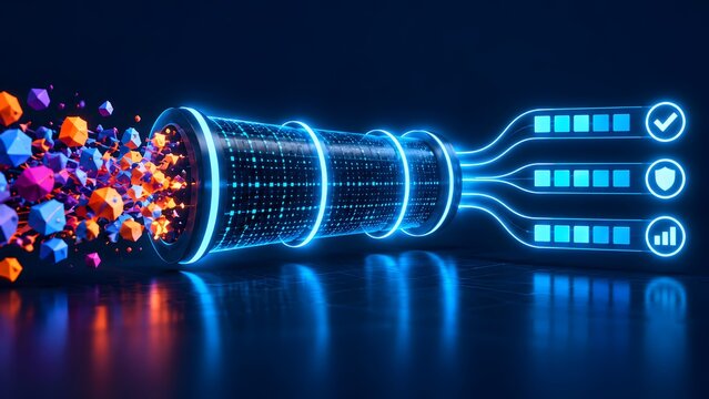 Futuristic glowing data pipeline filtering complex 3D particles into structured digital icons representing secure information analytics and optimized network processing.