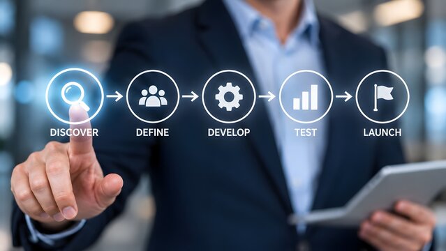 Corporate businessman interacting with digital virtual interface showing product development lifecycle strategy from discover to launch phase for project management and innovation.