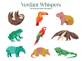 Fototapeta premium A collection of diverse Amazon rainforest animals illustrated in a stylized paper craft aesthetic.