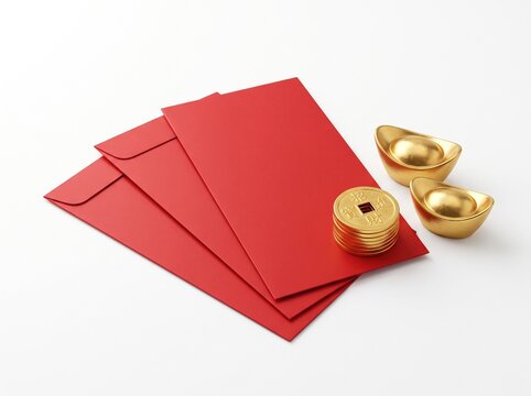 Chinese New Year red envelopes hongbao with gold ingots and gold coins, lucky money symbol of prosperity, isolated on white background