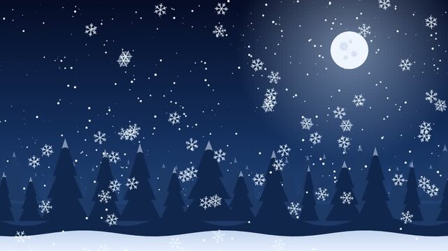 A magical night scene in a snowy pine forest with falling snowflakes and a bright full moon shining in the dark blue sky. Perfect for winter backgrounds and seasonal content.