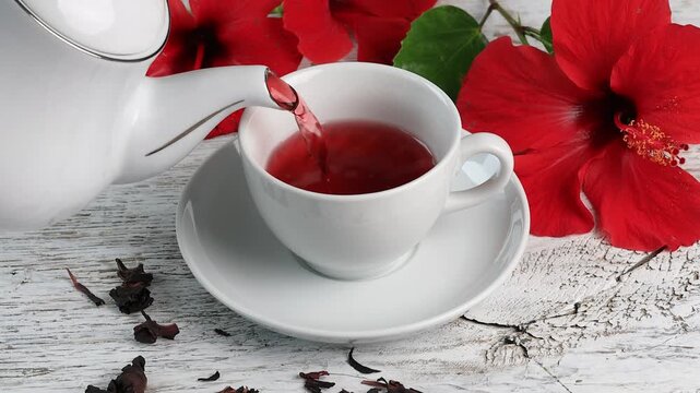 cup of hibiscus tea with hibiscus flowers