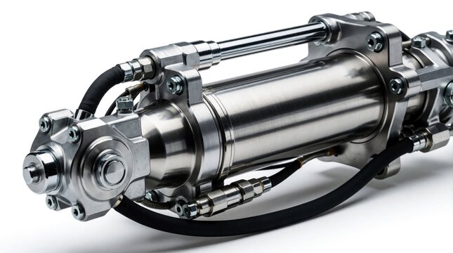 Close up of precision aircraft flap actuator mechanism. Metallic aerospace component with hydraulic hoses, steel structure. Silver engineering part for flight control system isolated on white