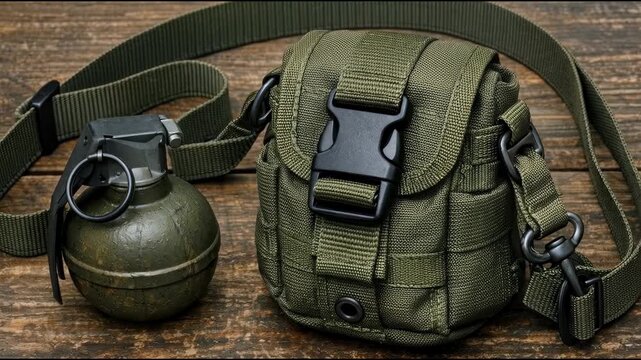 A green bag and a grenade sit on a wooden table
