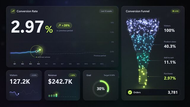 Conversion rate increasing dashboard with rising line chart and sales funnel 4k loop