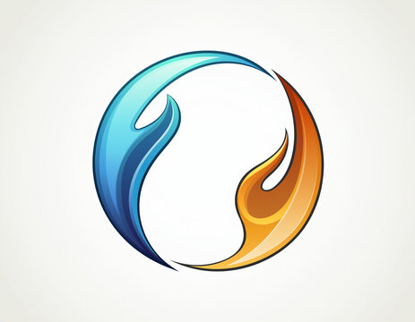 Blue wave and orange flame swirl within a circle. Dynamic shapes suggest movement and transformation. Balanced design evokes harmony between opposites. Ideal for themes of change, balance