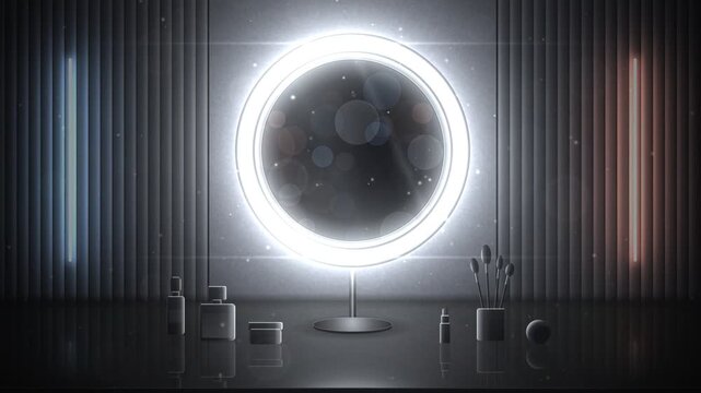 Mirror ring light with glowing warm and cool lighting adjustment in modern vanity studio setup