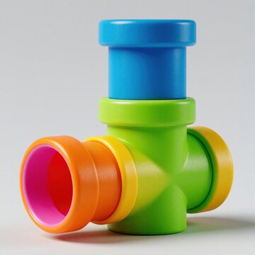 Colorful plastic plumbing toy set for kids. Brightly colored pipe construction blocks stack together for fun play. Green T-shaped connector with orange, yellow joints forms creative assembly. Child
