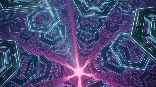 Deep web futuristic tunnel with glowing blue hexagons and pink core seamless loop