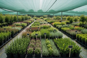 Fototapeta premium Rows of green shrubs, herbal plants grow in nursery greenhouse. Many potted plants arranged in black containers under shade net. Large botanical garden commercial plant farm produces organic flora