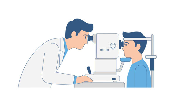 Professional optometrist examining a young male patient eyesight using an advanced eye examination machine.