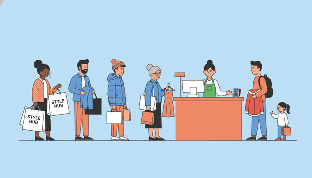 Shoppers holding shopping bags in line at a checkout counter inside a retail clothing boutique.