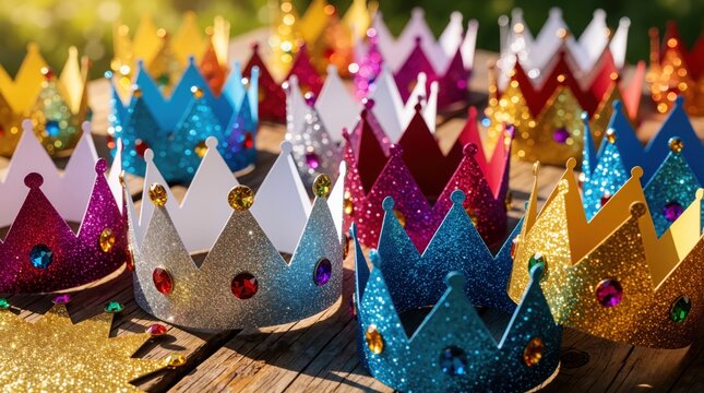 Many colorful handmade glitter crowns lie on wooden table. Shiny paper tiaras with fake gems decorate surface for kids party. Bright sparkling headbands for princess roleplay birthday celebration in