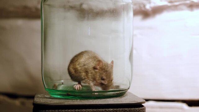 Small gray rat trapped inside glass jar looking for an enter for escape. Catched rat stands on its hind paws trying to get out of the trap. Rodent pest, animal capture. Infection carrier. 4k footage.