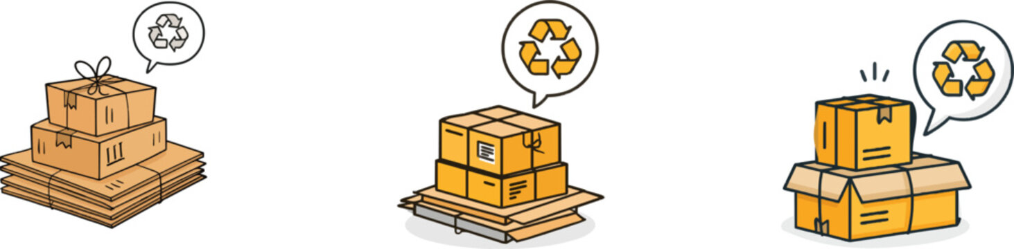 A minimalist flat vector illustration depicts a stack of flattened cardboard boxes tied with string, accompanied by a stylized recycling speech bubble icon against a pure white background