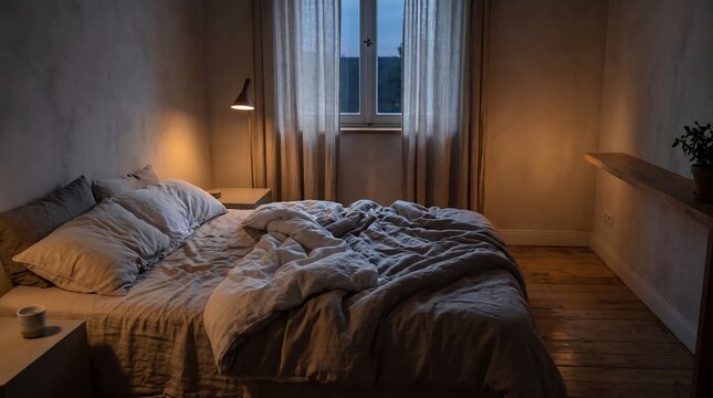 Cozy bedroom interior with unmade bed and warm ambient evening lighting