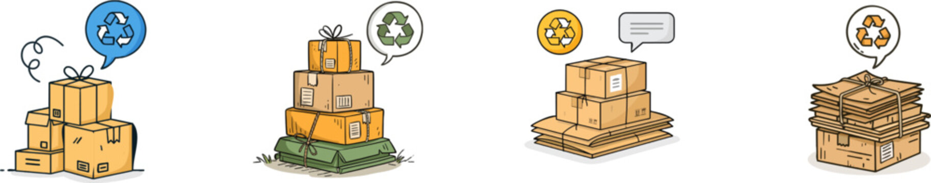 A minimalist illustration depicts a stack of flattened cardboard boxes, tied with string and adorned with a recycling speech bubble, symbolizing sustainable packaging practices
