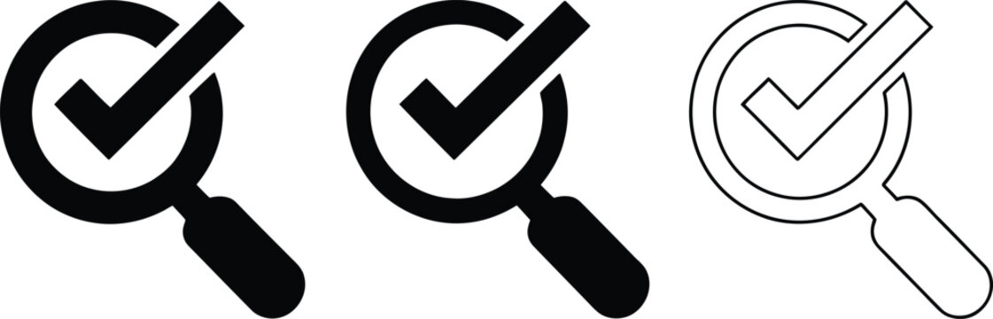 Set of black and white magnifying glass icons with check mark symbols for search and verification tasks