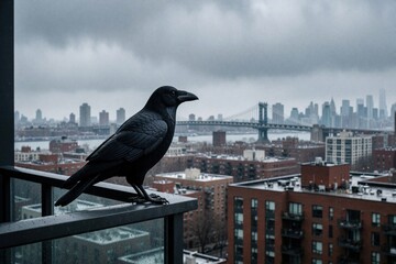 Fototapeta premium Black plastic crow decoy sits on balcony railing. Fake raven scarecrow for bird control protects apartment terrace from pests. Urban city skyline with bridge, skyscrapers in background under cloudy