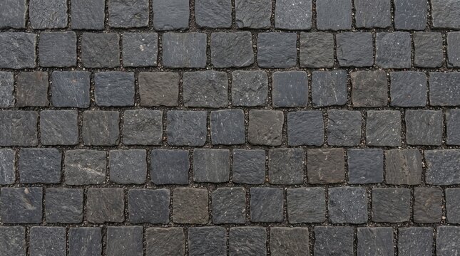 Top down view of dark grey basalt paving blocks texture seamless street floor background