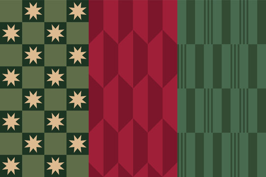Vector Seamless geometric Christmas patterns featuring festive red and green colors, plaid checks, diagonal stripes, and retro starburst motifs. Perfect for holiday wrapping paper, cards, packaging