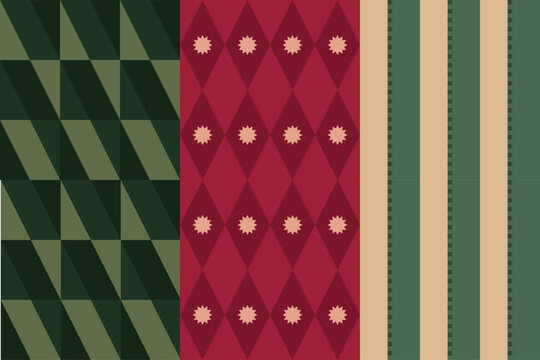 Vector Seamless geometric Christmas patterns featuring festive red and green colors, plaid checks, diagonal stripes, and retro starburst motifs. Perfect for holiday wrapping paper, cards, packaging