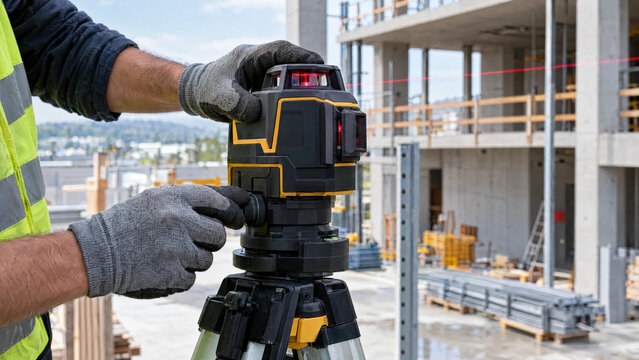Construction worker sets up laser level on building site for precise measurement, surveying alignment, construction engineering, site layout, and quality control