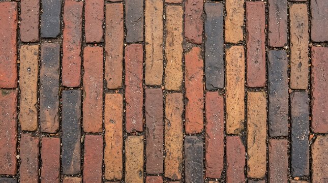 Top down view of historic Dutch narrow red clinker bricks paving pattern texture background