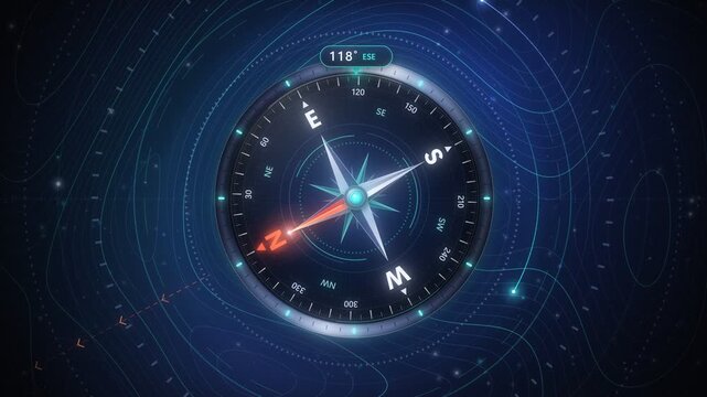 Futuristic digital compass HUD interface rotating needle navigation tech animation seamless loop