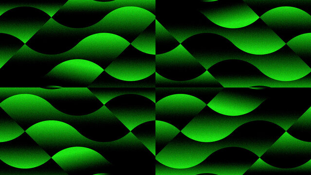 Four-panel grid of green lens-shaped waves with diagonal black cuts, quadrant mosaic in lime gradient with mirrored and rotated tiles