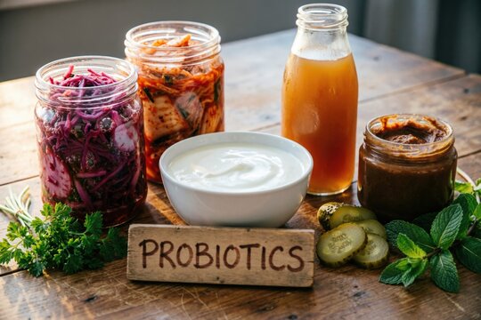 Selecci&oacute;n de alimentos probi&oacute;ticos beneficiosos para la salud intestinal que incluye frascos de vidrio con chucrut y kimchi, un taz&oacute;n de yogur cremoso, una botella de k&eacute;fir, pasta de miso y pepinillos