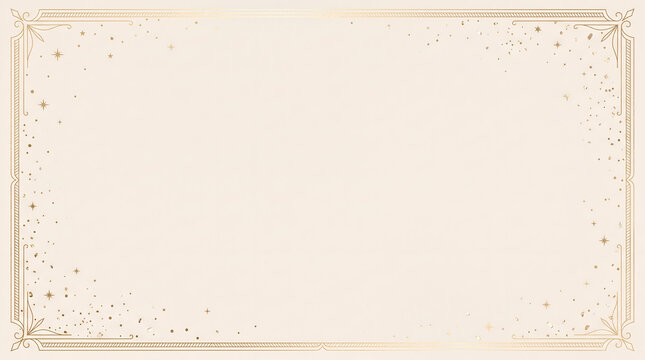 Soft beige background, delicate gold stars, subtle confetti, elegant decorative borders, modern minimal design, copy space