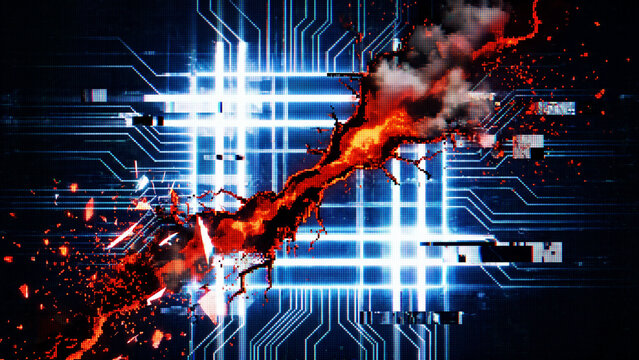 Pristine Digital Grid Corrupted by a Red Glitch Representing Cyber Attack
