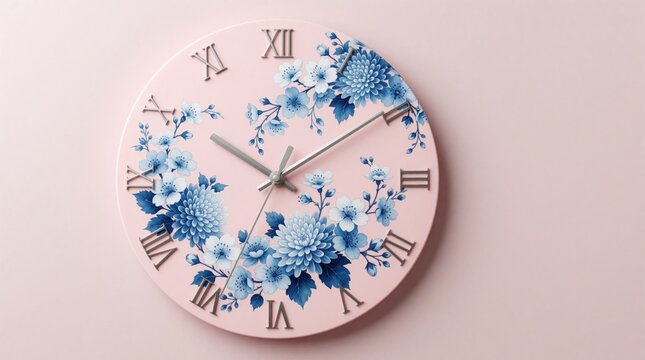 Round pink wall clock with blue floral pattern, silver hands. Decorative clock face features roman numerals, elegant flower design. Aesthetic home decor item hangs on solid light pink background for