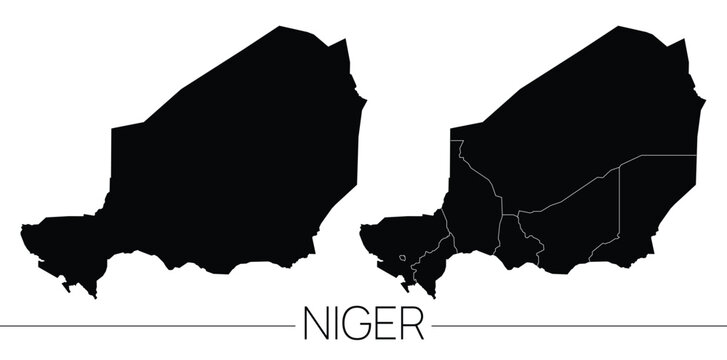 black silhouette map niger with regional divisions, editable vector illustration