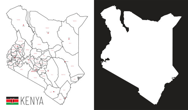 black silhouette map kenya with county boundaries, major cities and regional geographic detail