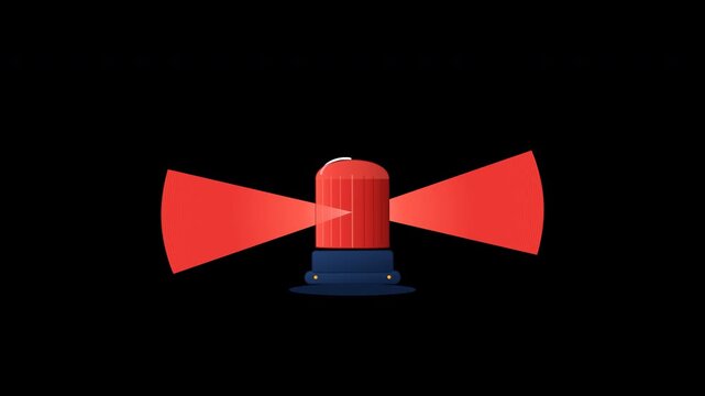 Flat vector red industrial emergency warning beacon with rotating internal reflector and sweeping light beams on transparent background.