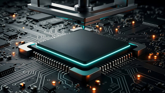 Artificial intelligence processor on circuit board, glowing with precision as robotic tool hovers above electronic chip