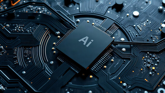 Advanced artificial intelligence microprocessor rests dark circuit board, surrounded by intricate electronic pathways and glowing details