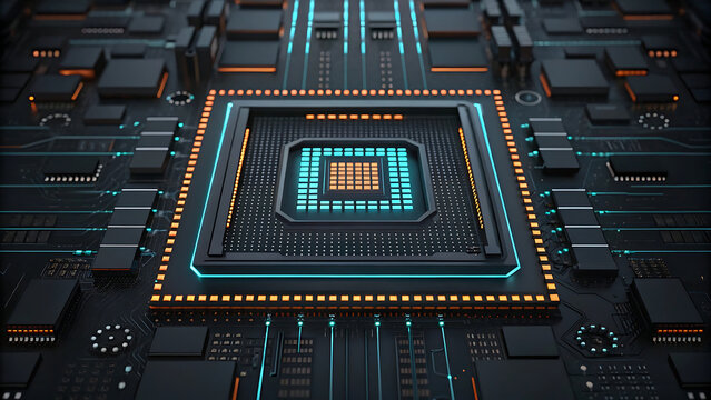 Sophisticated AI microprocessor, illuminated circuit board, delivering advanced computing power through cyan and amber light dark electronic chip