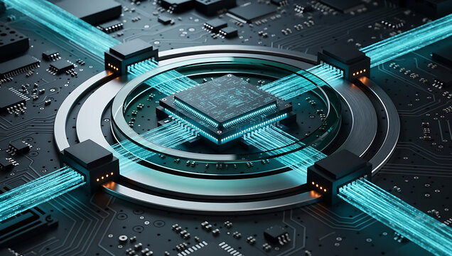 Sophisticated AI microprocessor dark circuit board with glowing cyan data pathways and metallic circular interface, illustrating advanced