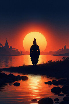 Silhouette of Hindu deity Lord Vitthal standing against large red sun at sunset. Devotional scene with temple skyline, river shore. Religious background for Ashadi Ekadashi festival Warkari tradition